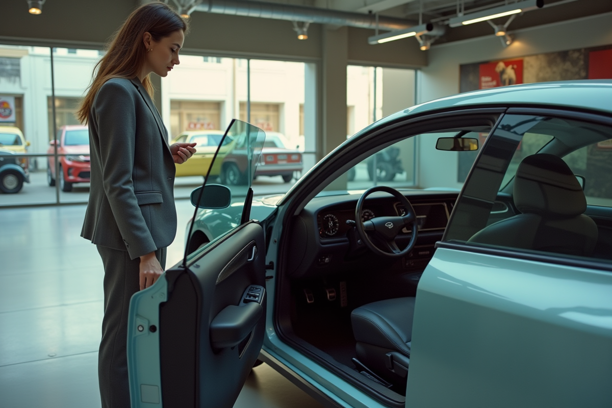 Jeune femme examine l’intérieur d’une voiture électrique au musée