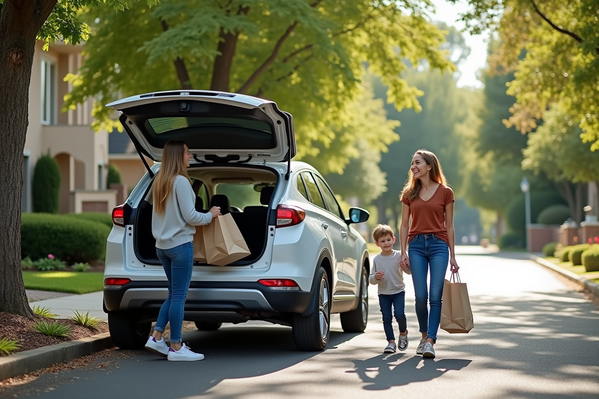 Famille chargant des sacs dans le coffre d