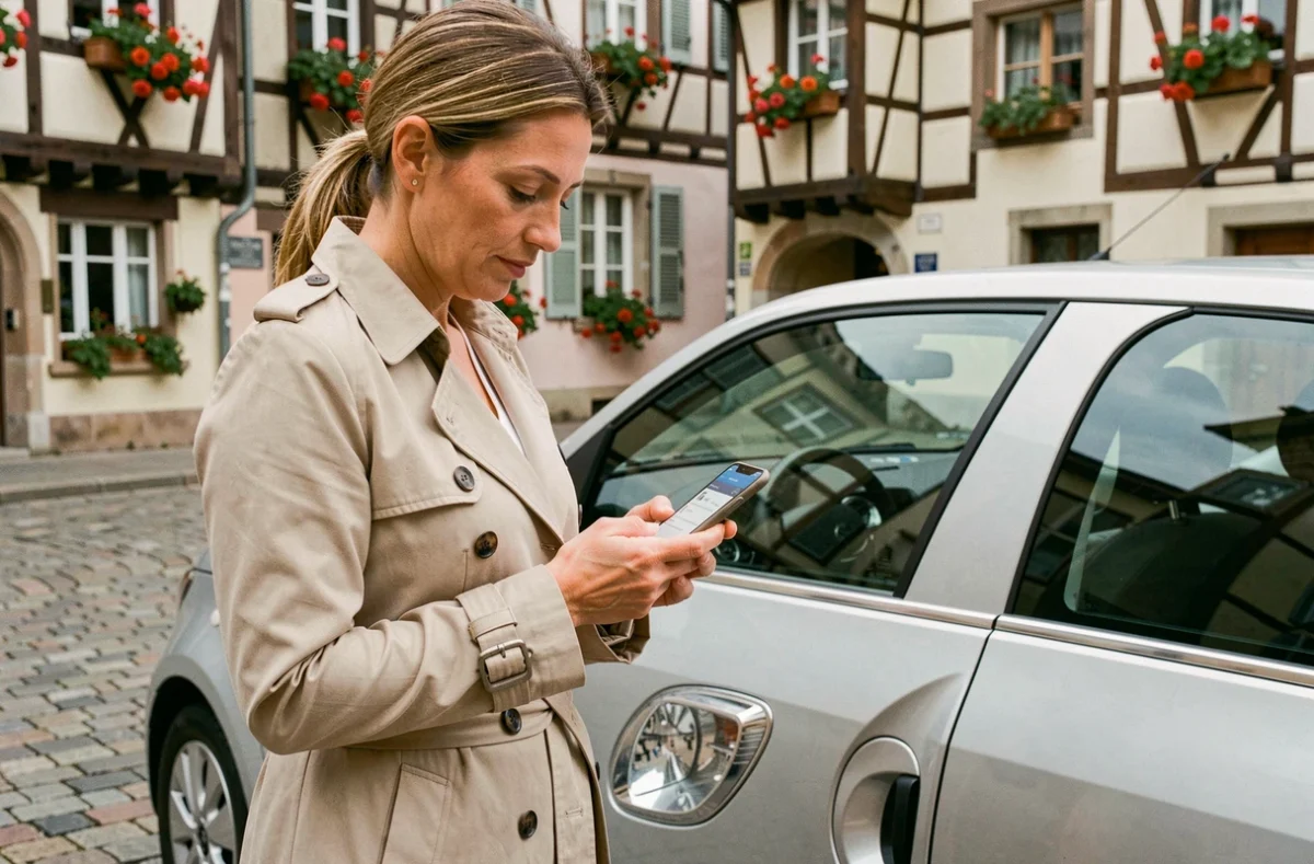 Femme utilisant l'application EasyPark sur smartphone à côté de sa voiture garée dans une rue pavée de Colmar avec façades alsaciennes