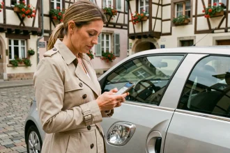 Femme utilisant l'application EasyPark sur smartphone à côté de sa voiture garée dans une rue pavée de Colmar avec façades alsaciennes
