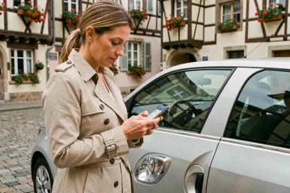 Femme utilisant l'application EasyPark sur smartphone à côté de sa voiture garée dans une rue pavée de Colmar avec façades alsaciennes