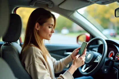 Une femme consulte une application de suivi kilométrique dans sa voiture pour gérer son assurance auto au kilomètre
