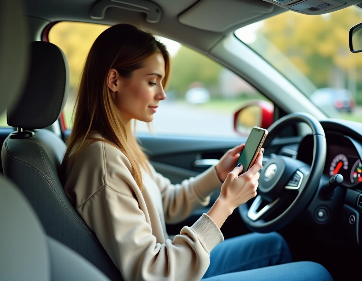 Une femme consulte une application de suivi kilométrique dans sa voiture pour gérer son assurance auto au kilomètre