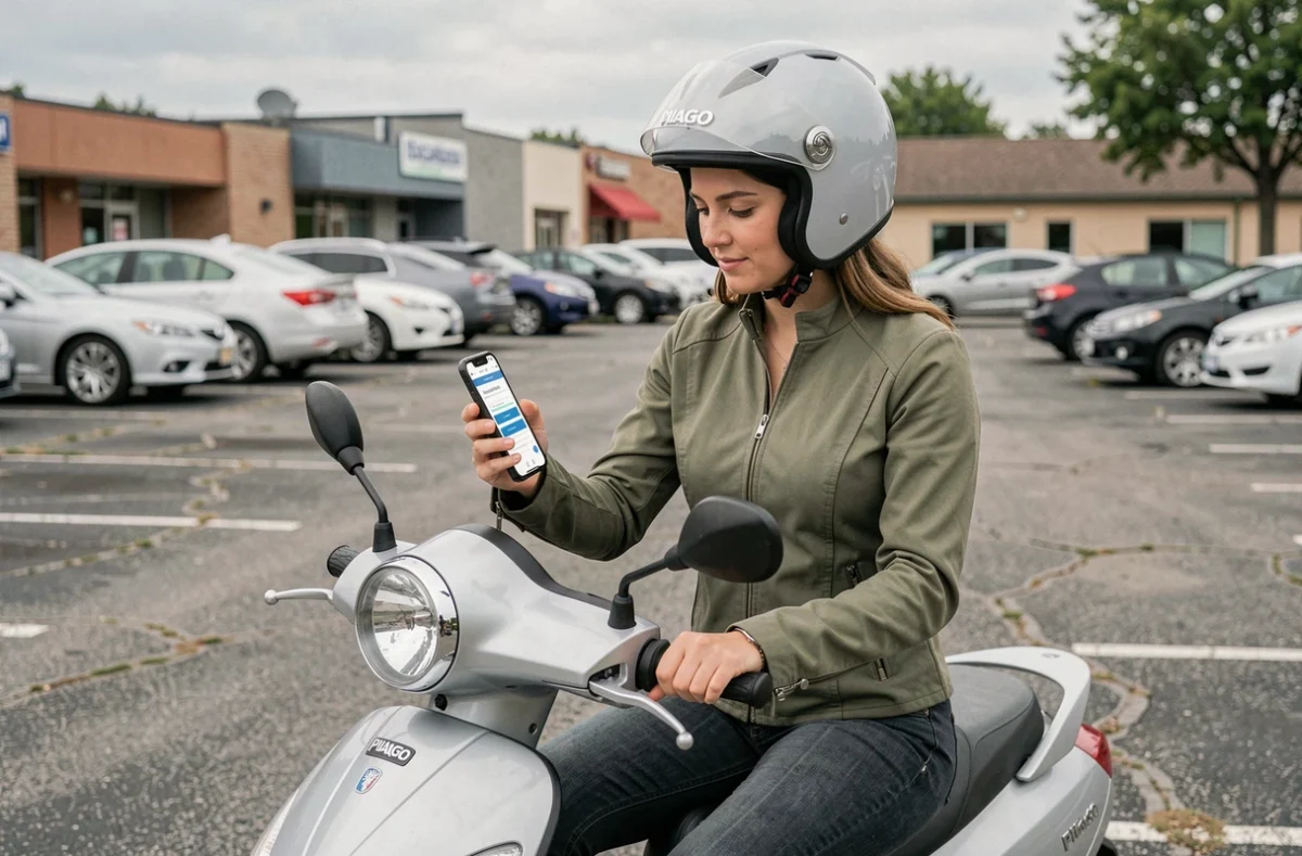 Femme en équipement de moto consultant une comparaison d'assurance scooter Piaggio sur smartphone
