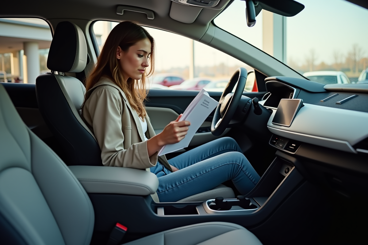 Jeune femme dans la voiture neuve en showroom