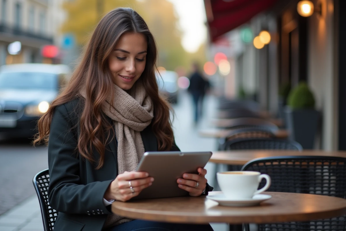 Femme lisant des actualites BMW au cafe en plein air