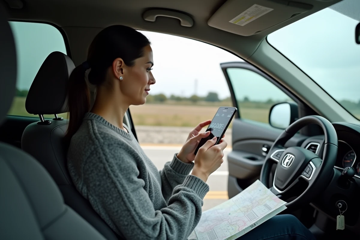 Femme calculant le coût en carburant d'un trajet sur son smartphone dans son SUV à une aire de repos