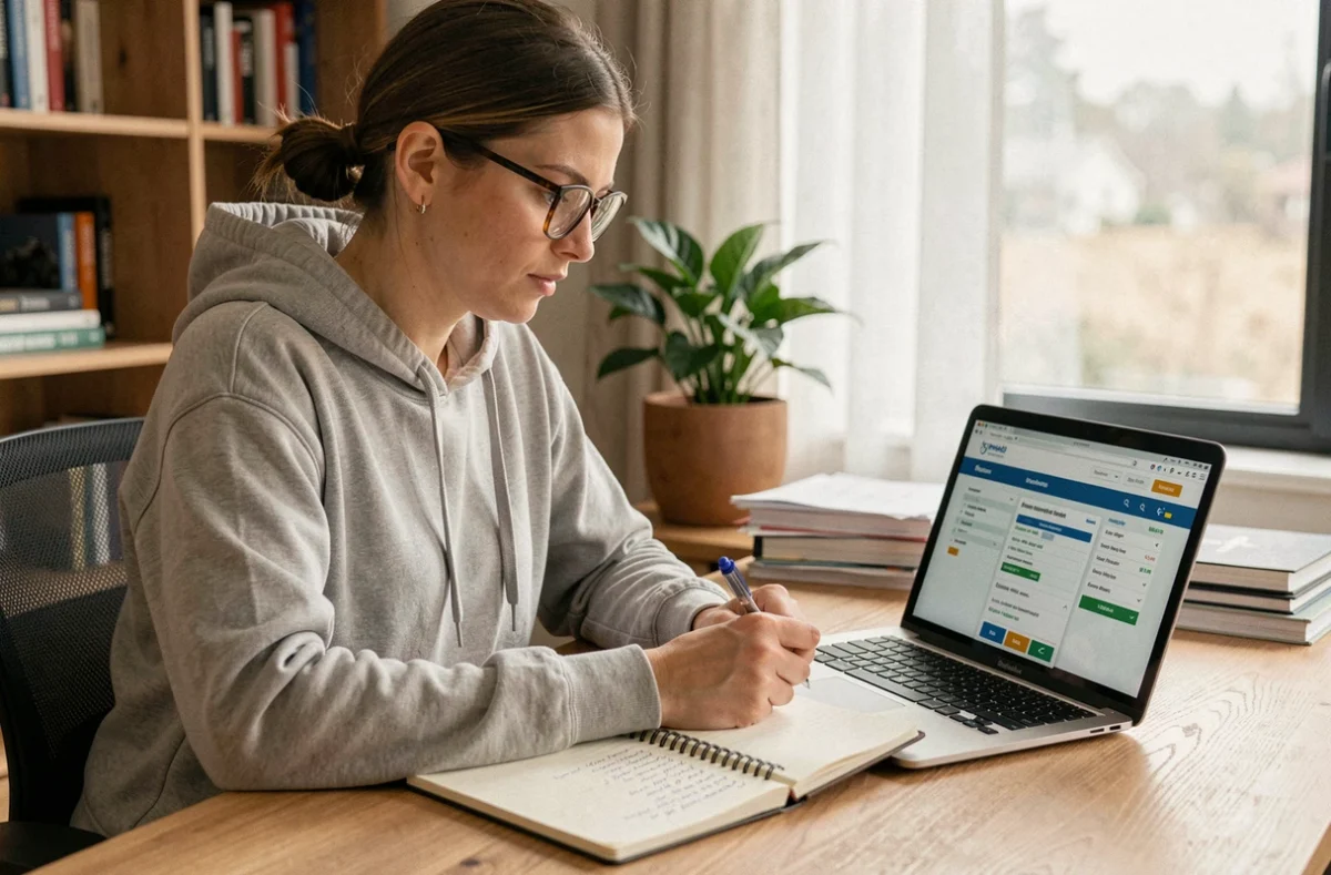 Femme comparant des devis d'assurance moto sur un ordinateur portable dans un bureau à domicile