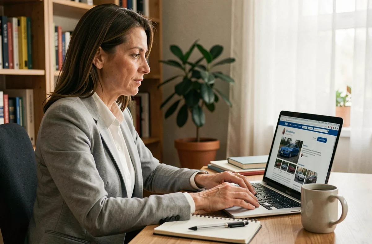 Femme comparant des offres de voitures en ligne sur un ordinateur portable, symbolisant la recherche consommateur face aux offensives d'Aramis Auto