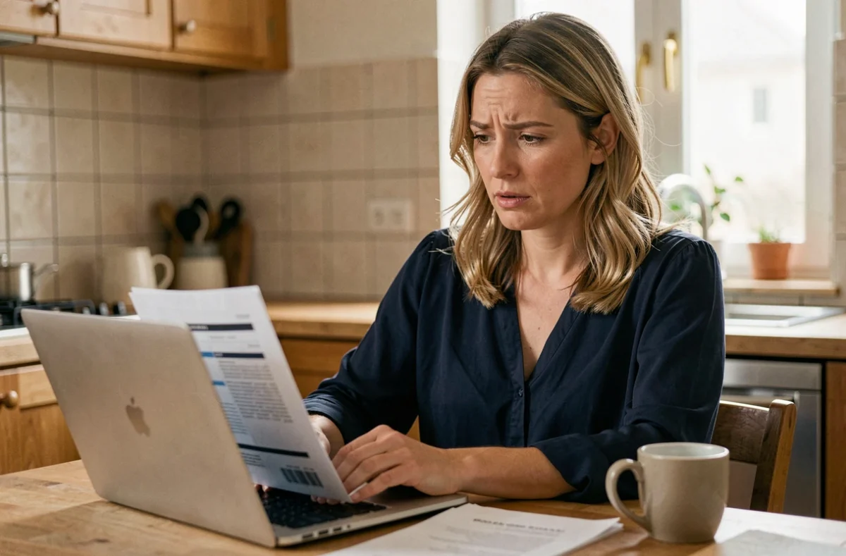 Femme consultant les documents de son assurance auto sur un ordinateur portable dans une cuisine moderne