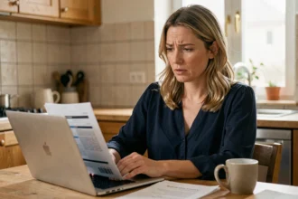 Femme consultant les documents de son assurance auto sur un ordinateur portable dans une cuisine moderne