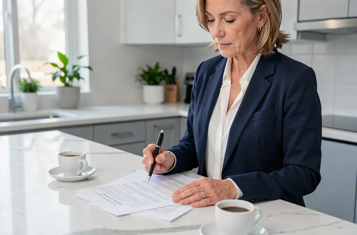 Femme consultant des documents de résiliation d'assurance véhicule dans une cuisine moderne