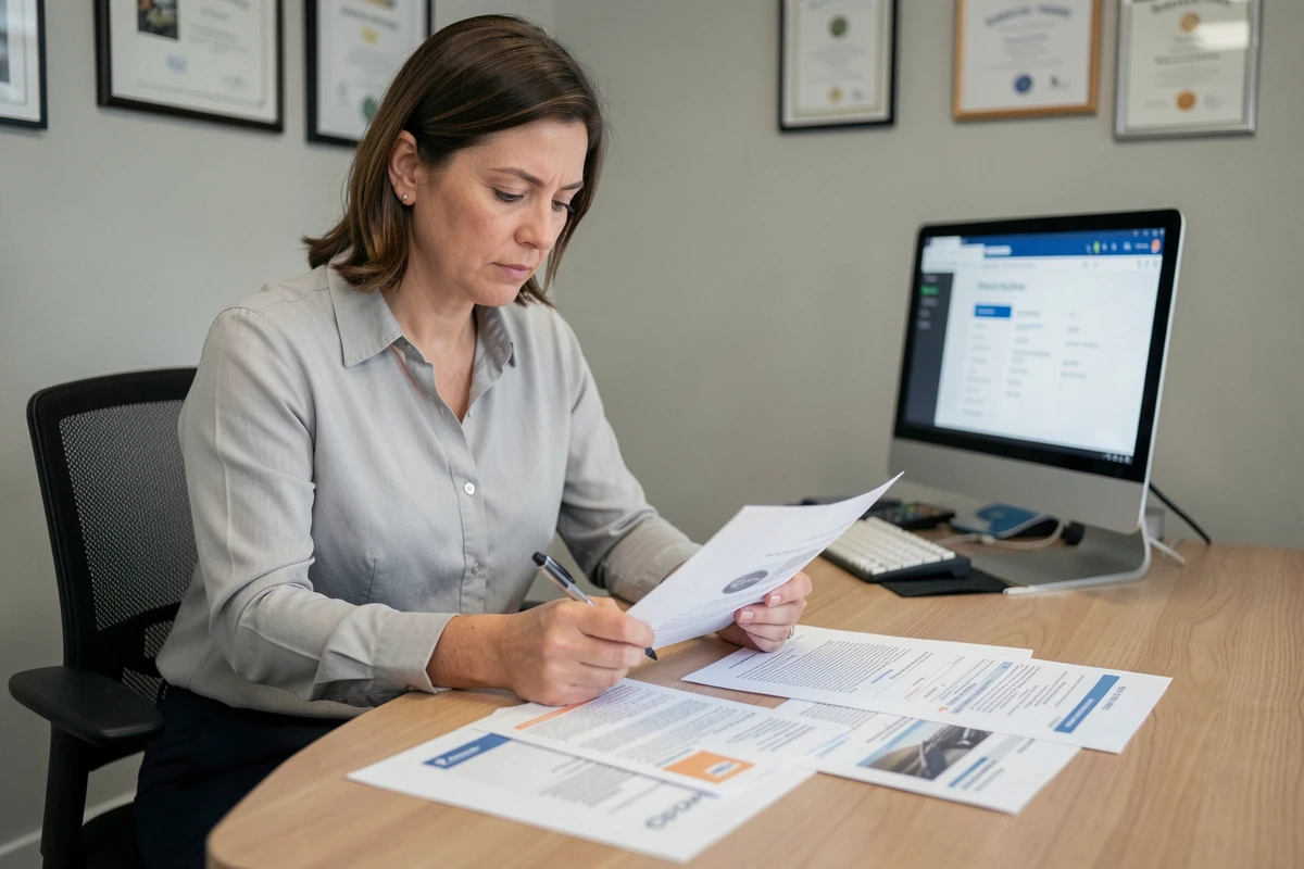 Femme examinant un contrat d'assurance auto dans un bureau, confrontant les clauses liées à la reprogrammation moteur