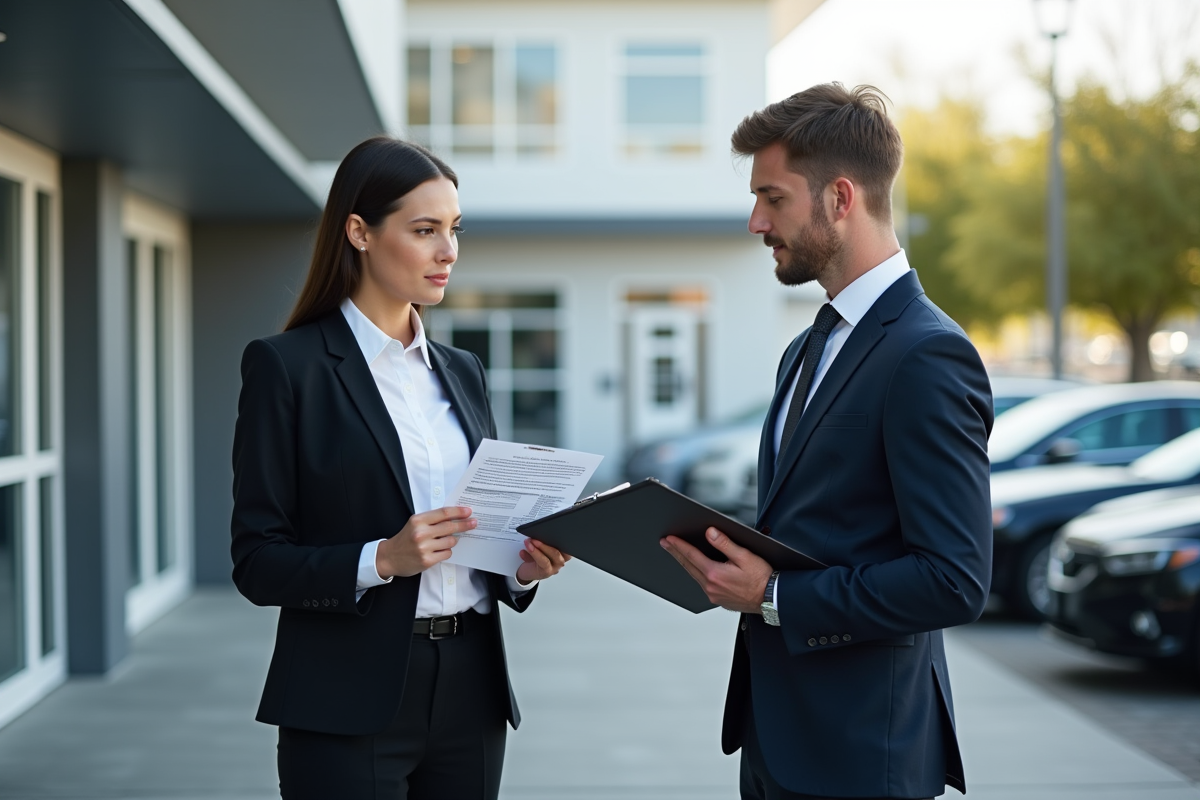 Jeune femme examinant un devis de réparation devant un garage moderne