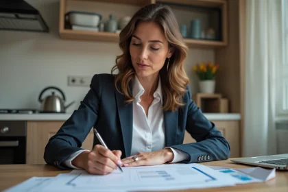 Femme d'une quarantaine d'années examine des documents d'assurance