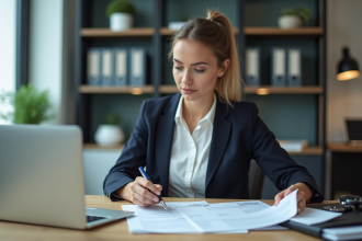 Femme professionnelle examine documents de leasing voiture