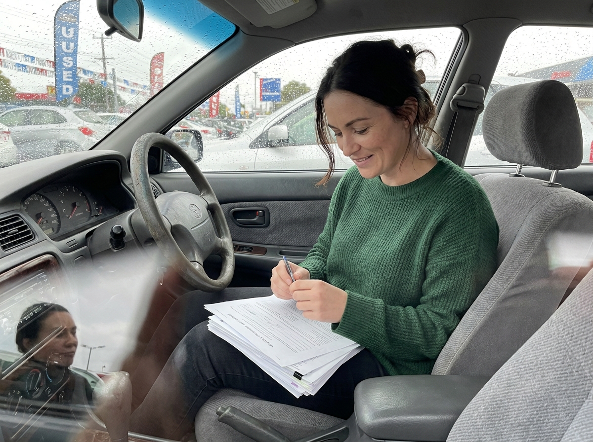 Jeune femme examinant des papiers dans une voiture d