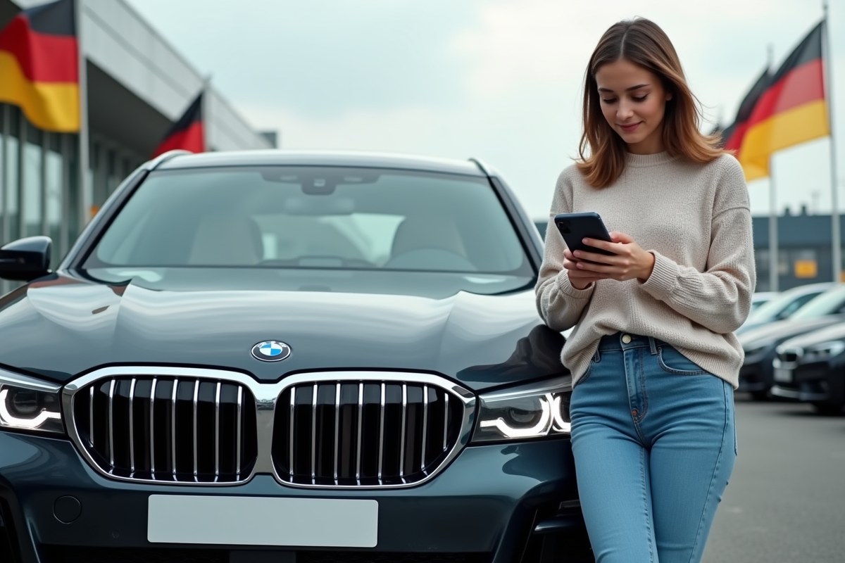 Jeune femme avec smartphone devant une BMW en concession
