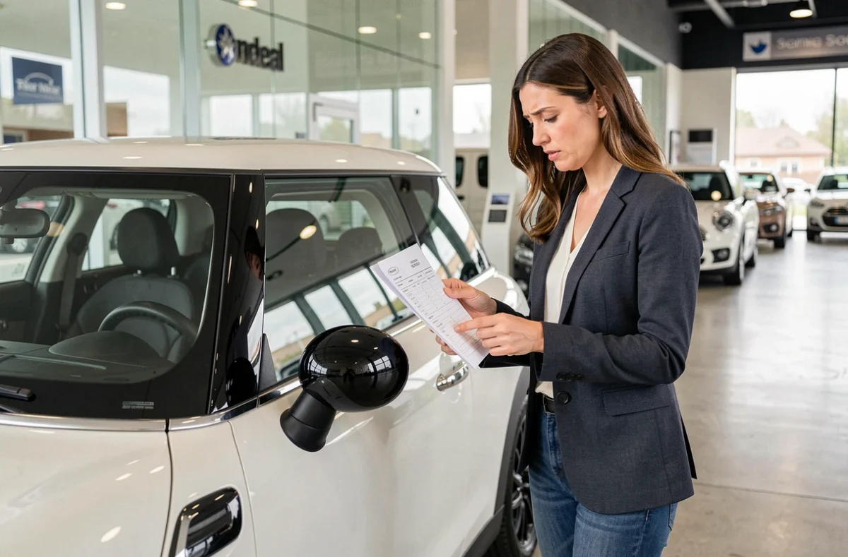 Femme examinant le devis de prix d'une MINI Cooper diesel neuve dans une concession automobile moderne