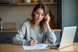 Femme consultant des documents d'assurance auto à la maison pour changer de contrat