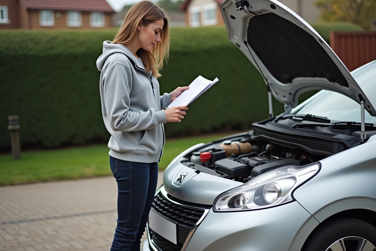 Femme consultant le manuel d'entretien de sa Peugeot 208 dans une all&eacute;e r&eacute;sidentielle avant une vidange d'huile moteur