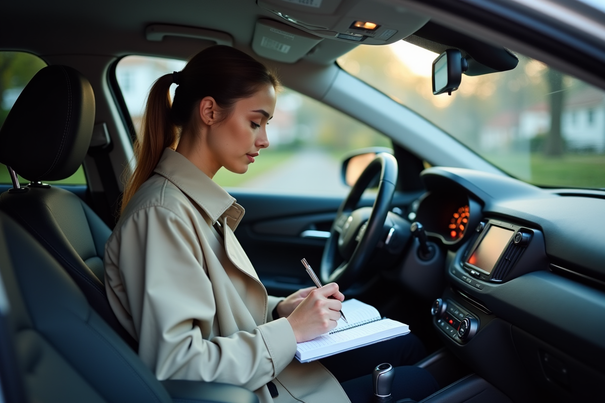 Jeune femme enregistrant les lectures du compteur dans la voiture