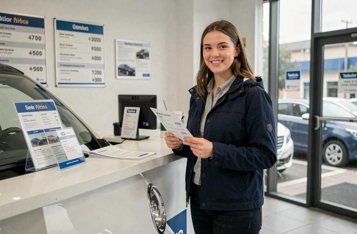 Femme louant une voiture sans permis au comptoir d'un service de location Leclerc