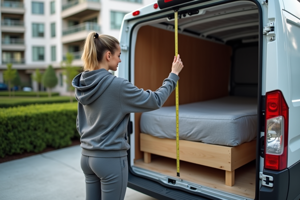 Jeune femme mesurant un lit dans une camionnette en ville