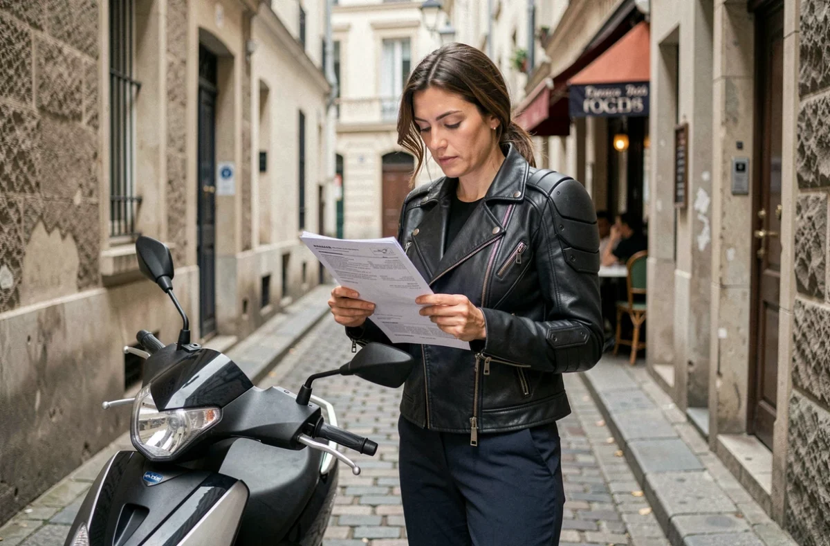 Femme motarde examinant des documents d'assurance moto dans une rue pavée de Montmartre à Paris