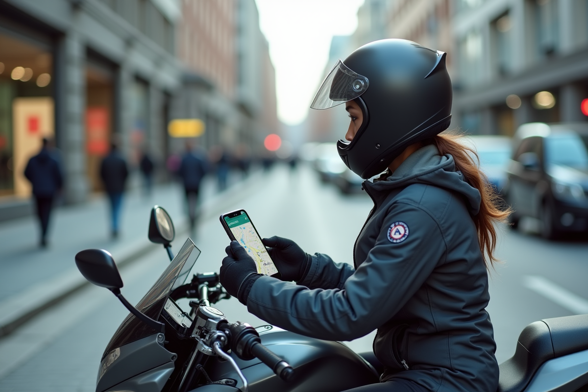 Jeune femme en moto urbaine utilisant GPS