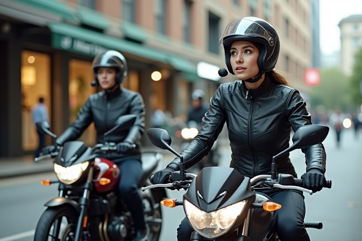 Jeune femme en équipement moto parlant à un compagnon en ville
