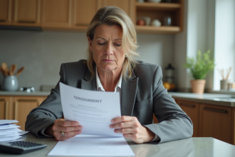 Femme d'âge moyen étudiant un document d'assurance à la maison