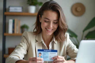 Femme examinant son permis de conduire français dans un bureau moderne