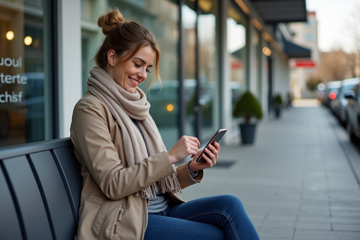 Femme dehors consulte ses points sur son smartphone près d une école de conduite