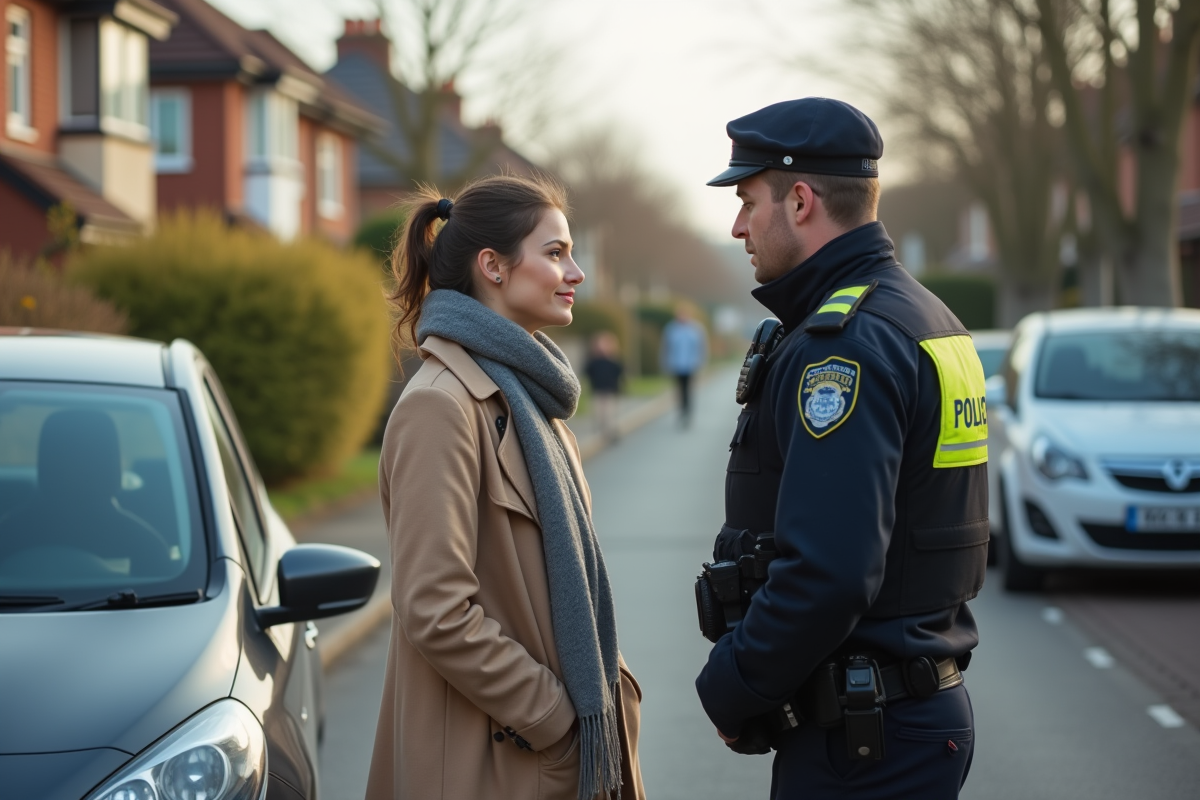 Femme parlant avec un policier à côté d
