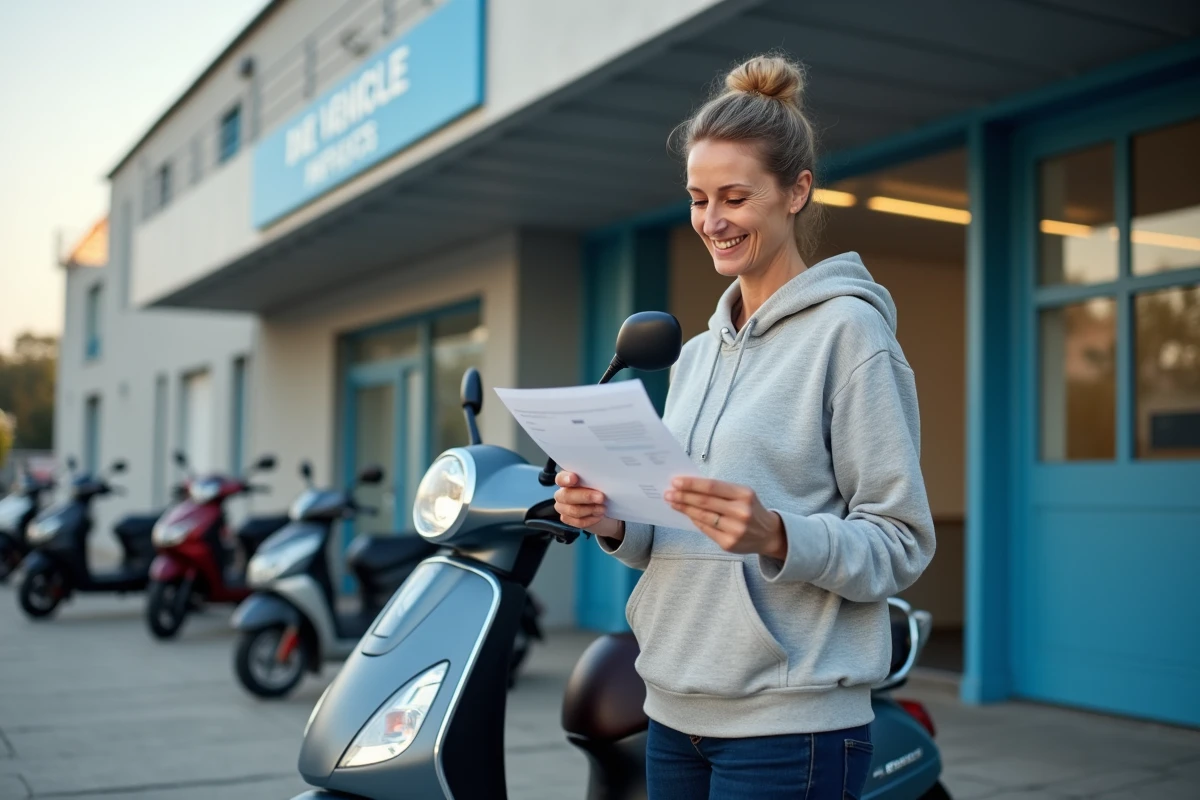 Femme consultant un rapport de contrôle technique scooter devant un centre d'inspection agréé