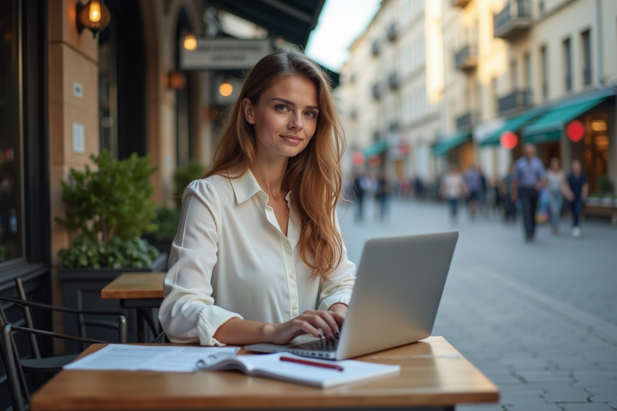 Femme travaillant sur son ordinateur dans un café urbain