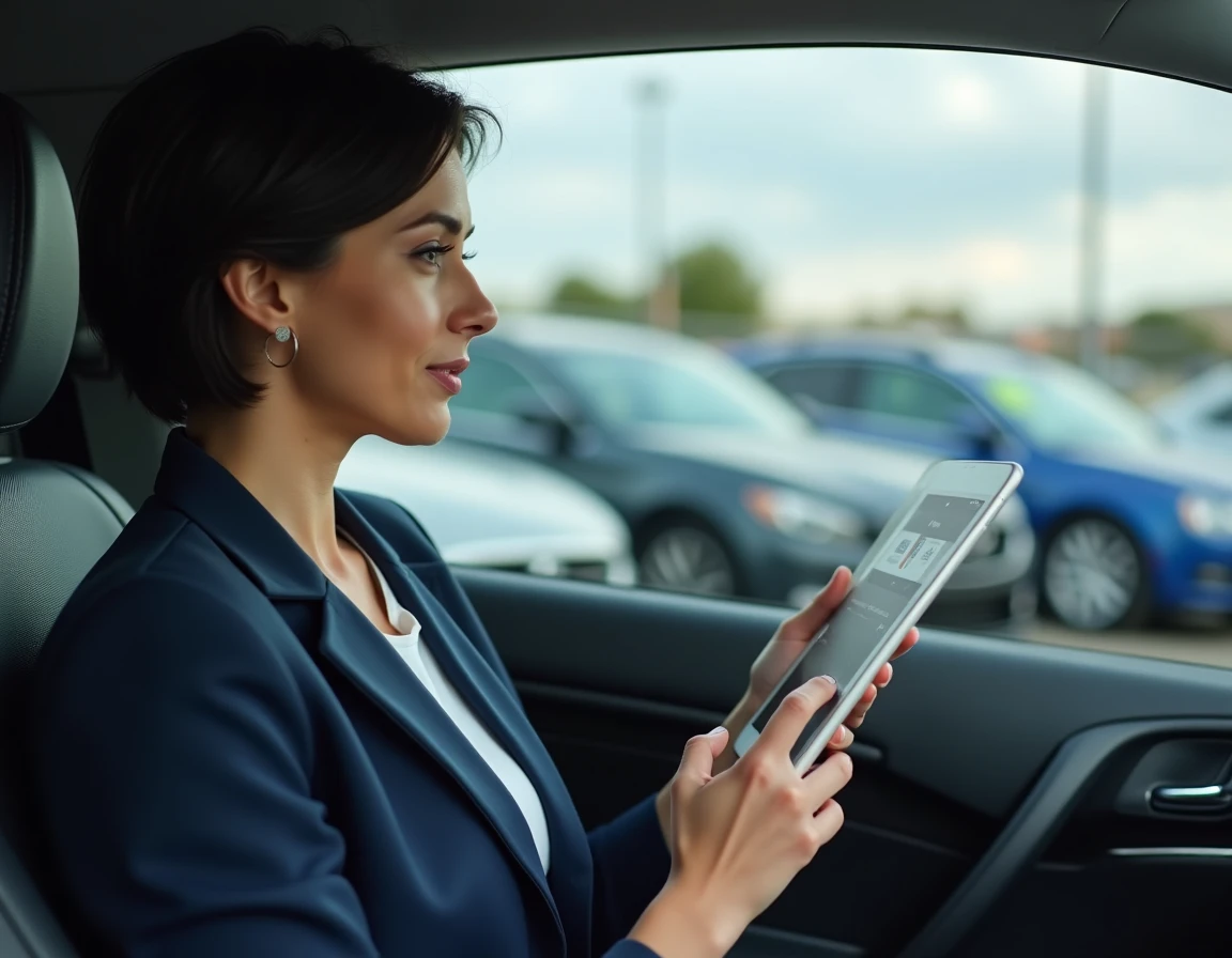 Femme utilisant une tablette pour trouver une voiture rapidement dans un parc de voitures d'occasion