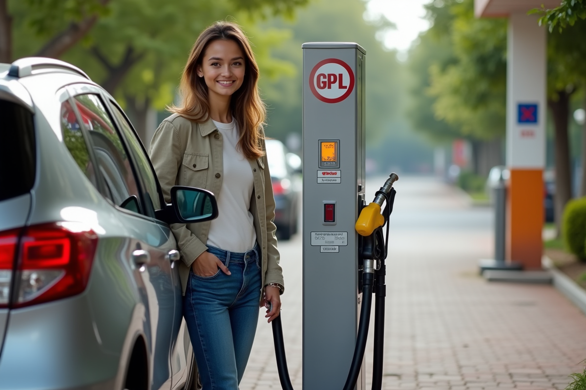 Jeune femme refuel une voiture GPL à une station en extérieur