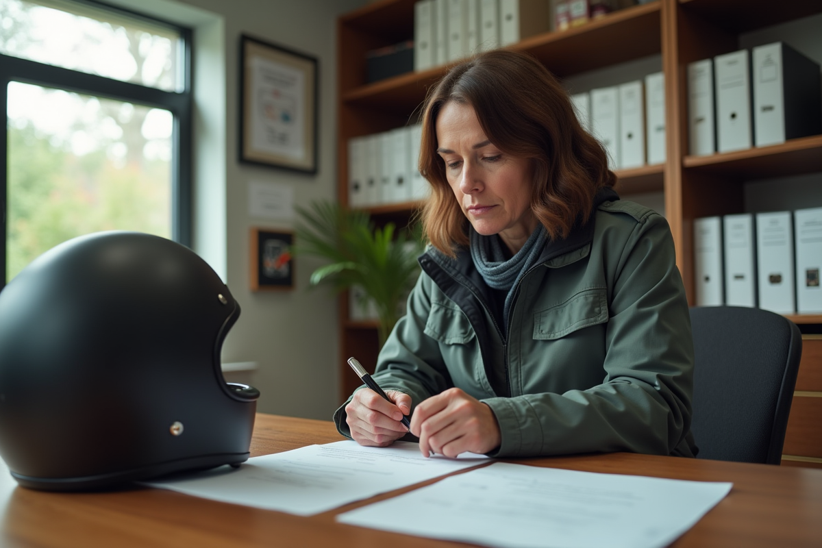 Femme remplissant papiers de voiture dans un bureau