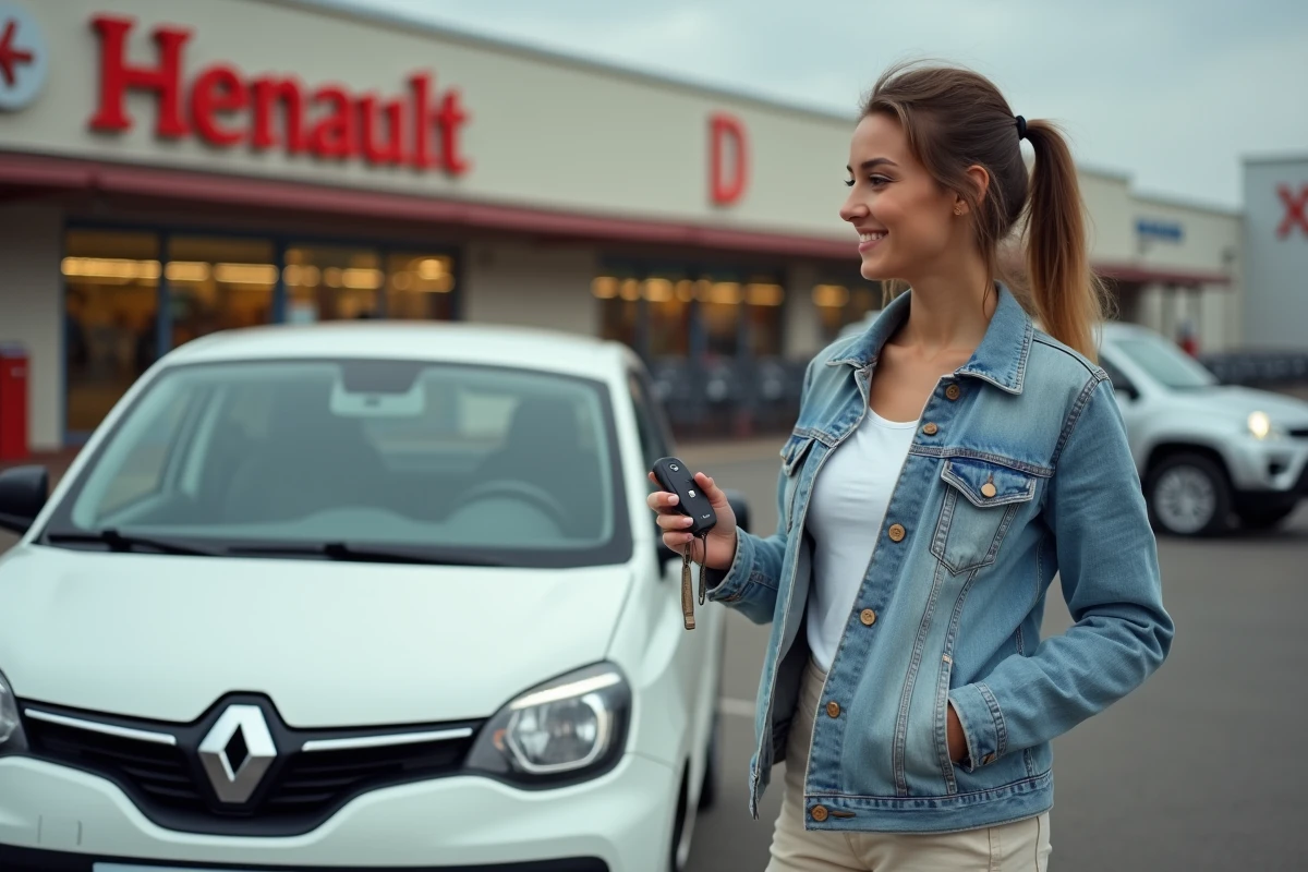 Jeune femme souriante à côté d'une Renault Twingo blanche dans un parking de supermarché