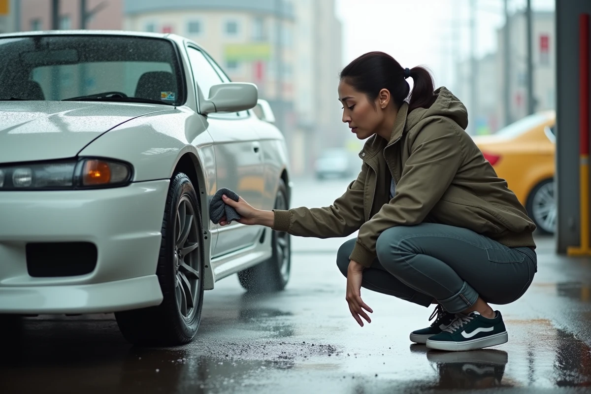 Femme examinant une Nissan Silvia blanche au lavage auto