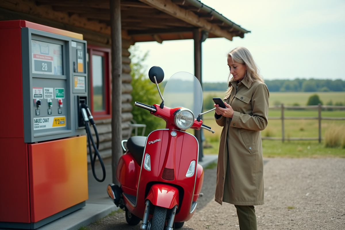 Femme comparant les prix du carburant avec son smartphone