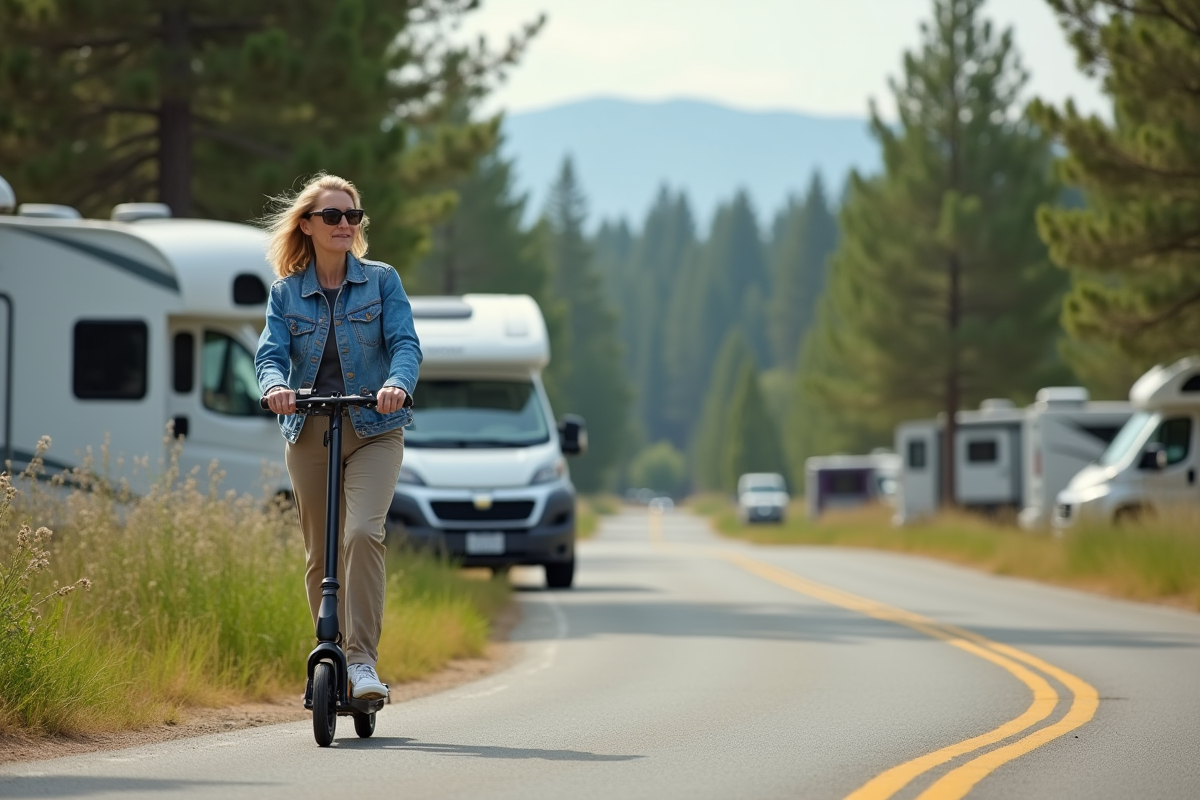 Femme roulant en scooter électrique près des camping-cars et pins