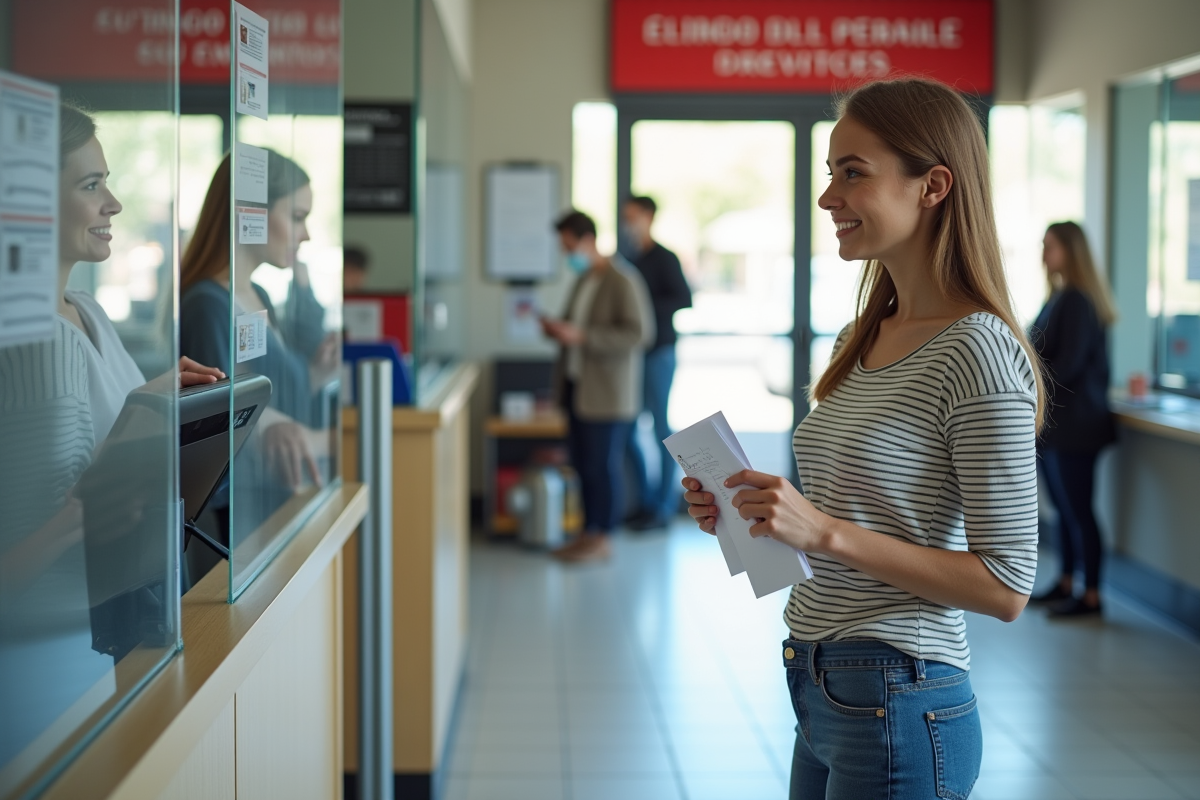 Jeune femme au guichet de poste en interaction avec un agent