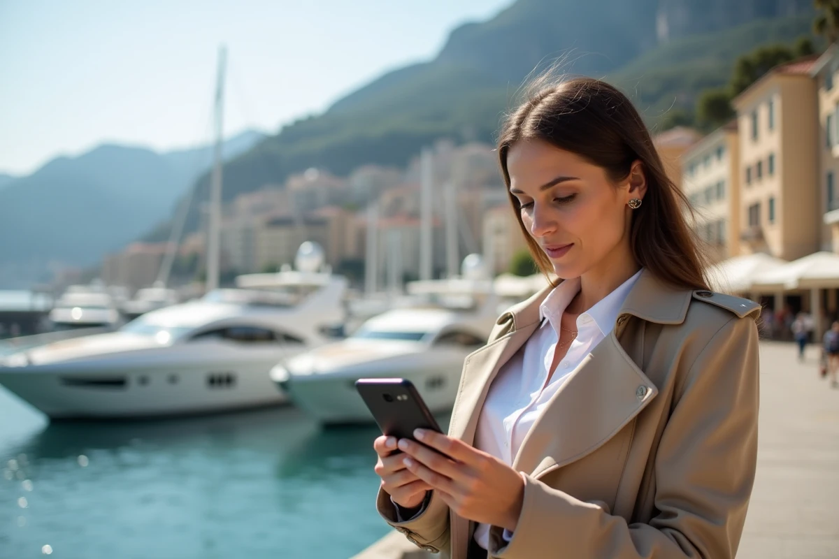 Femme consultant salonautomonaco.com sur smartphone sur la promenade du port de Monaco