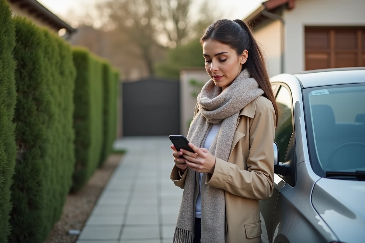 Jeune femme utilisant smartphone à côté de sa voiture