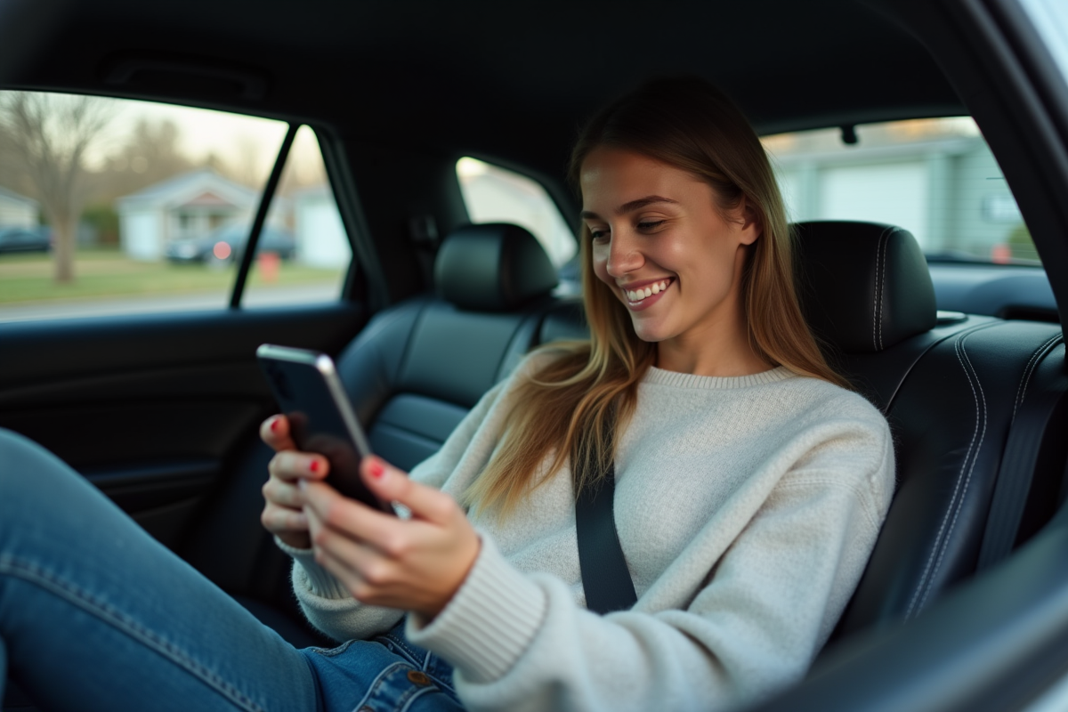Jeune femme dans une voiture VTC vérifiant son smartphone