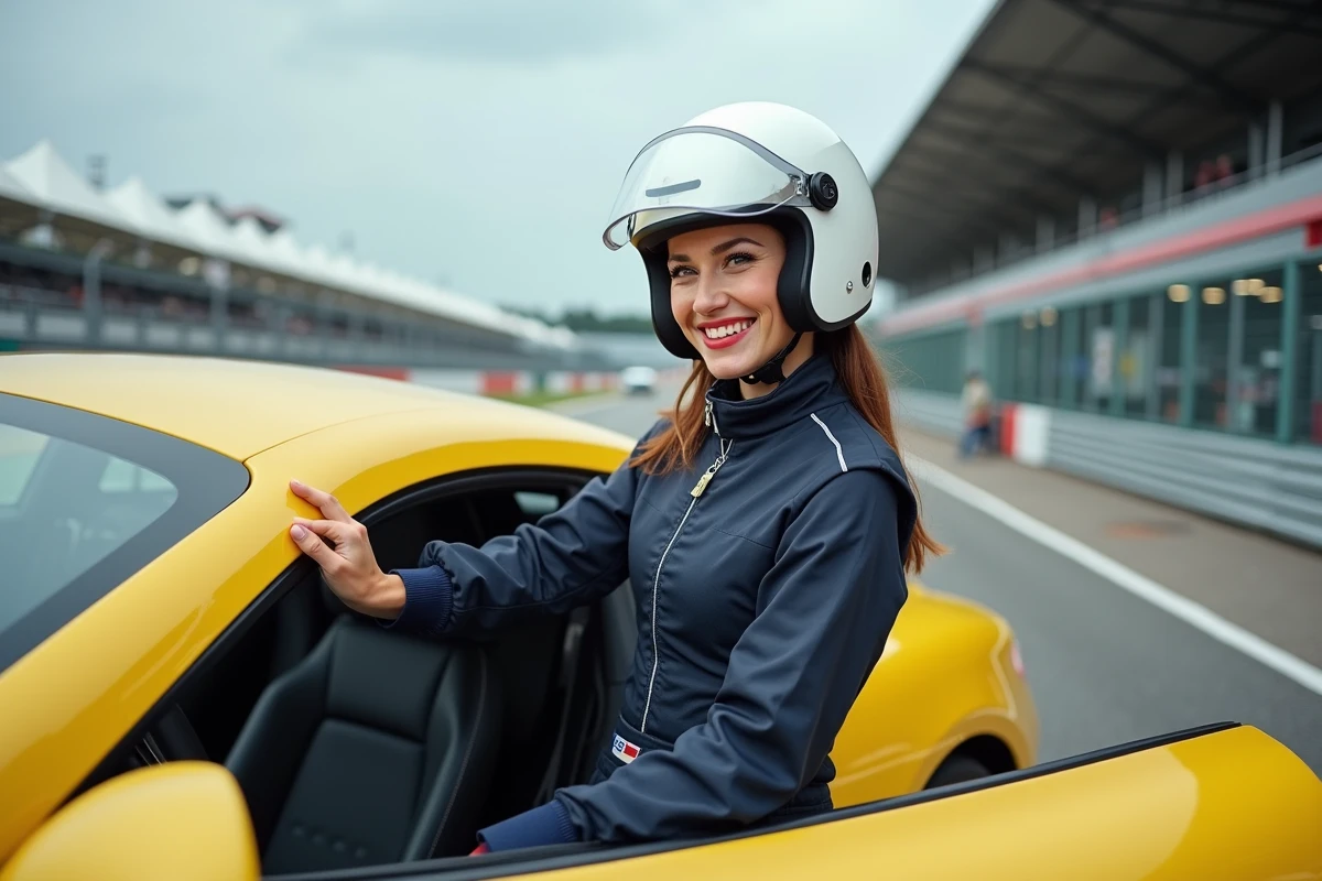 Femme souriante sortant d'une voiture jaune de sport sur le pit lane d'un circuit automobile lors d'un stage de pilotage