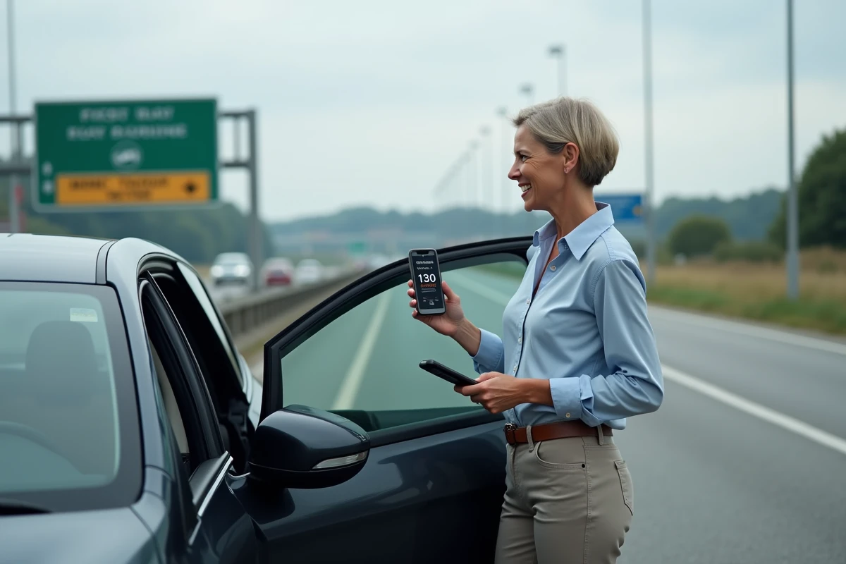 Femme discutant pr&egrave;s de sa voiture au repos sur l
